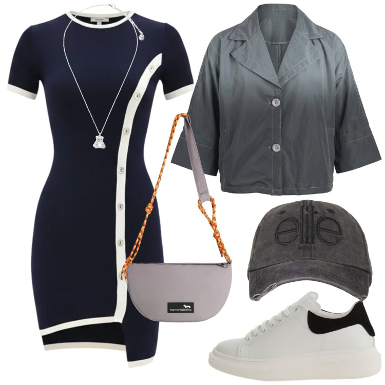 Outfit donna - Aprile. Stile Sporty chic per Tutti i giorni. Abbinamento con sneakers, vestiti asimmetrici, borse a tracolla, ciondoli, cappelli, cappotti.