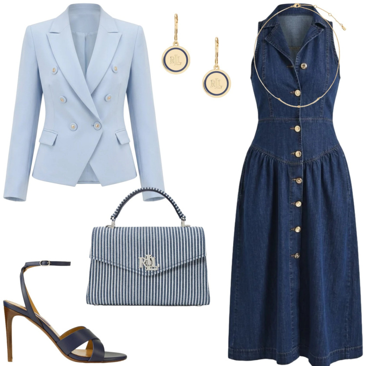 Outfit donna - Outfit per una passeggiata. Stile Glamour per Tutti i giorni. Abbinamento con blazer, vestiti chemisier, orecchini, sandali col tacco, collane, borse a mano.