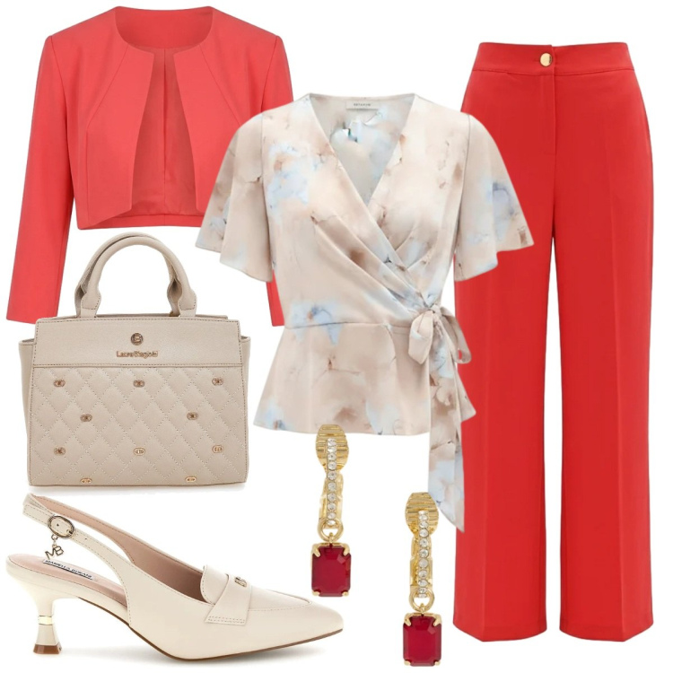 Outfit donna - Spring rouge. Stile Glamour per Tutti i giorni. Abbinamento con bluse, pantaloni, bolero, orecchini, décolleté, borse a mano.