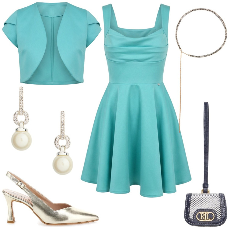 Outfit donna - Spring primavera. Stile Chic per Cerimonia. Abbinamento con vestiti corti, bolero, cinture, orecchini, pochette, décolleté.