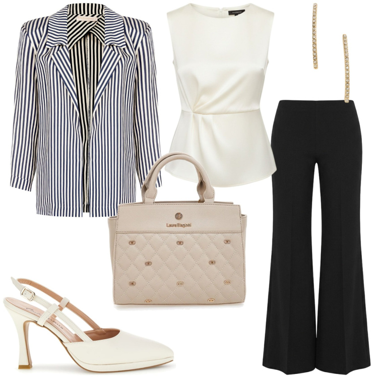 Outfit donna - Un outfit da ufficio. Stile Trendy per Ufficio. Abbinamento con pantaloni a palazzo, blazer, bluse, orecchini, borse a mano, décolleté.