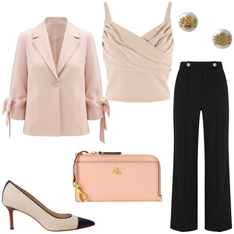 Outfit donna - Per una serata fuori. Stile Glamour per Serata fuori. Abbinamento con canottiere, blazer, pantaloni, orecchini, décolleté, portafogli.