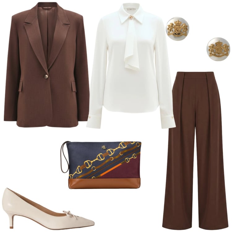 Outfit donna - Rinascimento Spring Elegance. Stile Glamour per Serata fuori. Abbinamento con pantaloni a palazzo, camicie, blazer, orecchini, pochette, décolleté.