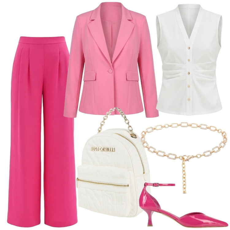 Outfit donna - Total look #2386804. Stile Chic per Cerimonia. Abbinamento con décolleté, zaini, camicie a manica corta, blazer, cinture, pantaloni a palazzo.