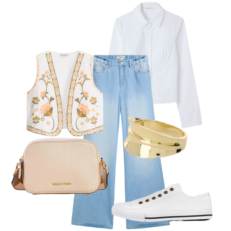 Outfit donna - Total look #2386826. Stile Basic per Tutti i giorni. Abbinamento con gilet, jeans, sneakers, borse a tracolla, camicie, braccialetti.
