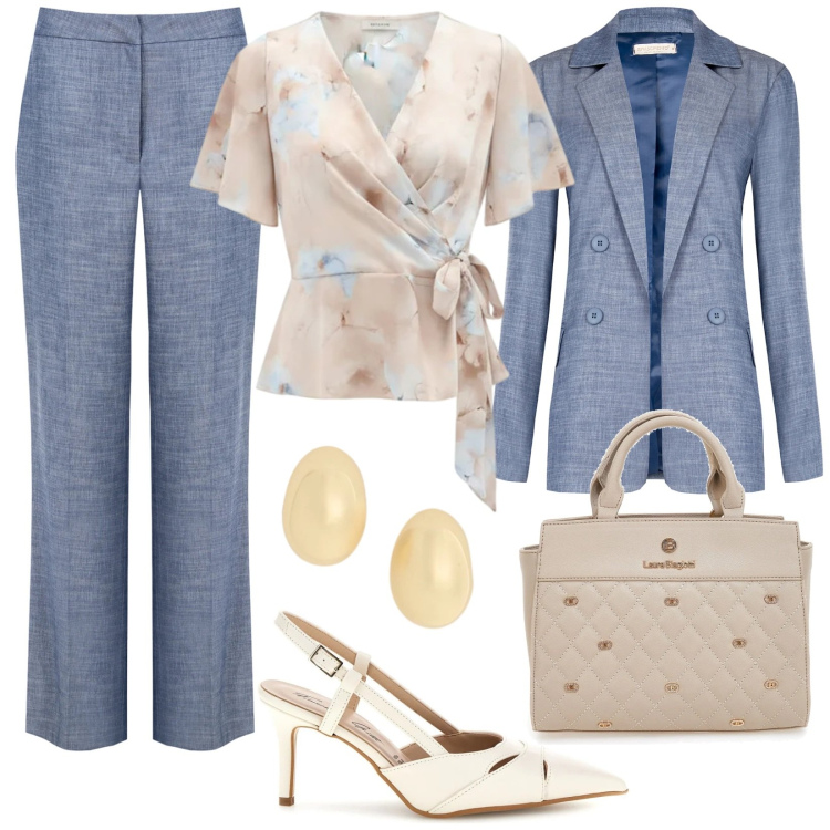 Outfit donna - Spring elegance. Stile Bon Ton per Tutti i giorni. Abbinamento con blazer, bluse, pantaloni, orecchini, borse a mano, décolleté.