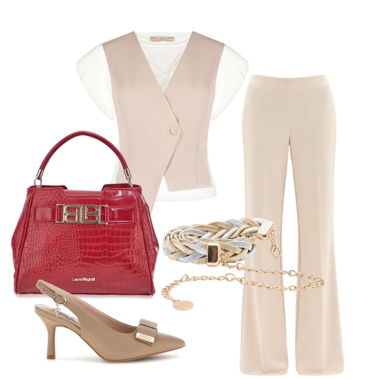 Outfit donna - Aprile. Stile Casual chic per Tutti i giorni. Abbinamento con gilet, t-shirt, cinture, pantaloni a palazzo, décolleté, borse a mano.