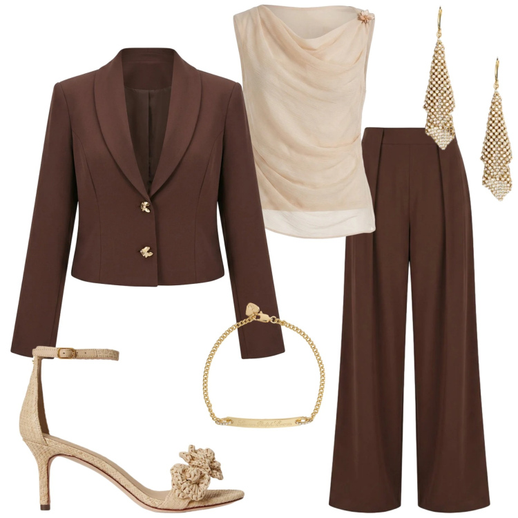 Outfit donna - Rinascimento spring. Stile Chic per Cerimonia. Abbinamento con blazer, pantaloni a palazzo, top, orecchini, braccialetti, sandali in pelle.