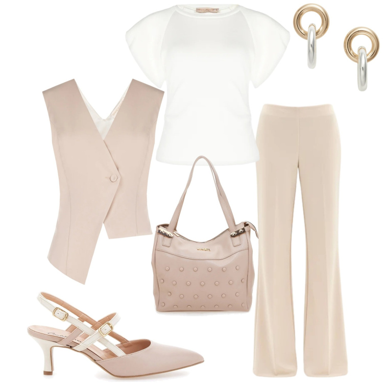 Outfit donna - Rinascimento spring. Stile Casual chic per Tutti i giorni. Abbinamento con gilet, t-shirt, pantaloni a palazzo, orecchini, décolleté, shopping bag.