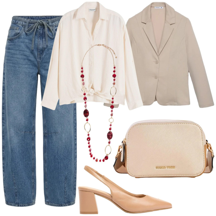 Outfit donna - Primavera easy. Stile Casual chic per Tutti i giorni. Abbinamento con bluse, borse a tracolla, décolleté, jeans, blazer, collane.
