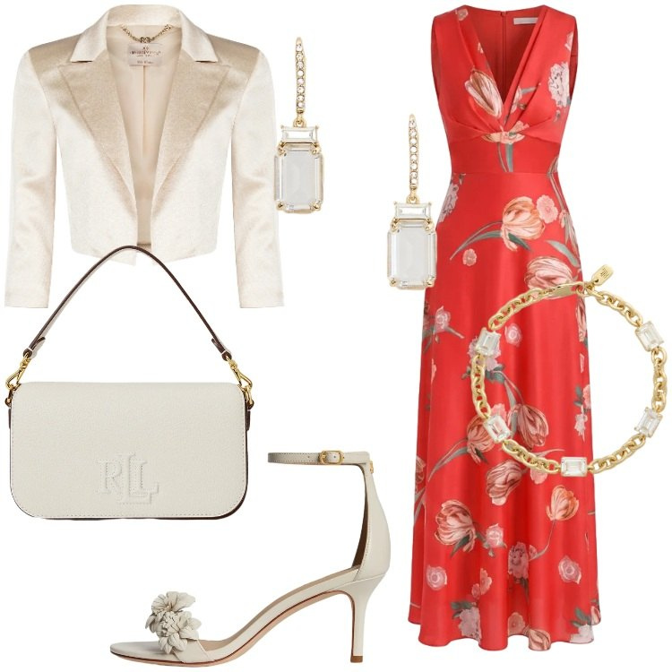 Outfit donna - Rinascimento Spring Elegance. Stile Romantica per Cerimonia. Abbinamento con vestiti lunghi, bolero, orecchini, borse a spalla, sandali in pelle, braccialetti.