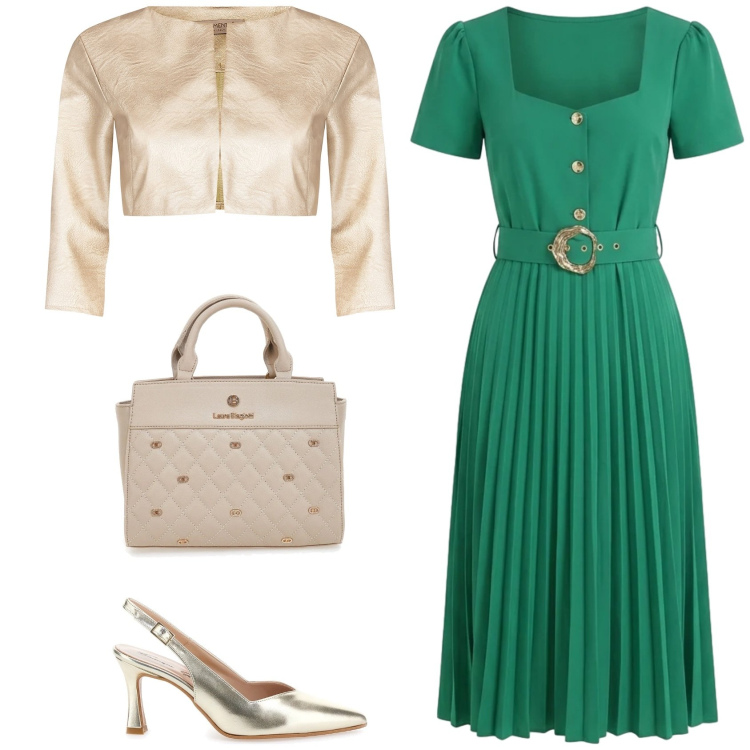 Outfit donna - Verde smeraldo. Stile Chic per Cerimonia. Abbinamento con vestiti midi/longuette, bolero, décolleté, borse a mano.