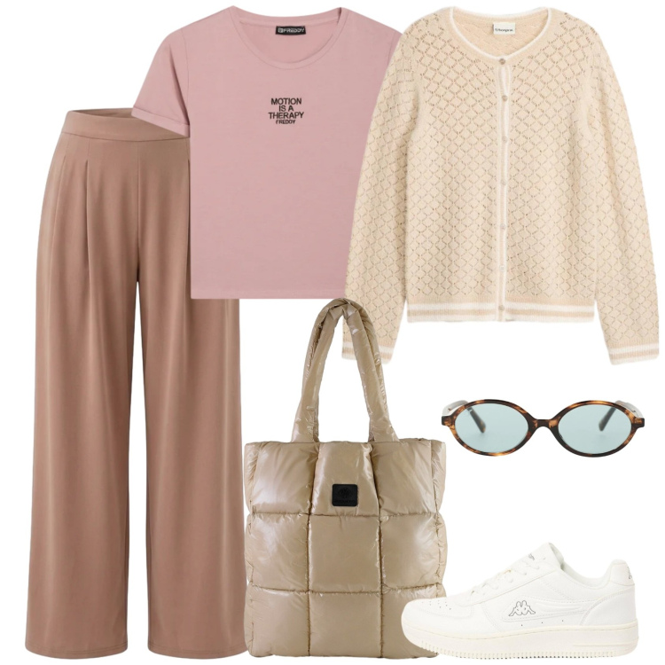 Outfit donna - Una giornata movimentata. Stile Basic per Tutti i giorni. Abbinamento con cardigans, sneakers, pantaloni, occhiali da sole, t-shirt, shopping bag.