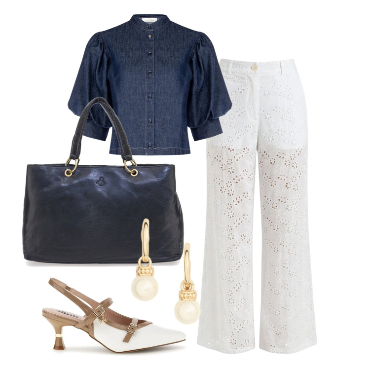 Outfit donna - Aprile. Stile Casual chic per Tutti i giorni. Abbinamento con orecchini, camicie a manica corta, pantaloni, borse a mano, décolleté.