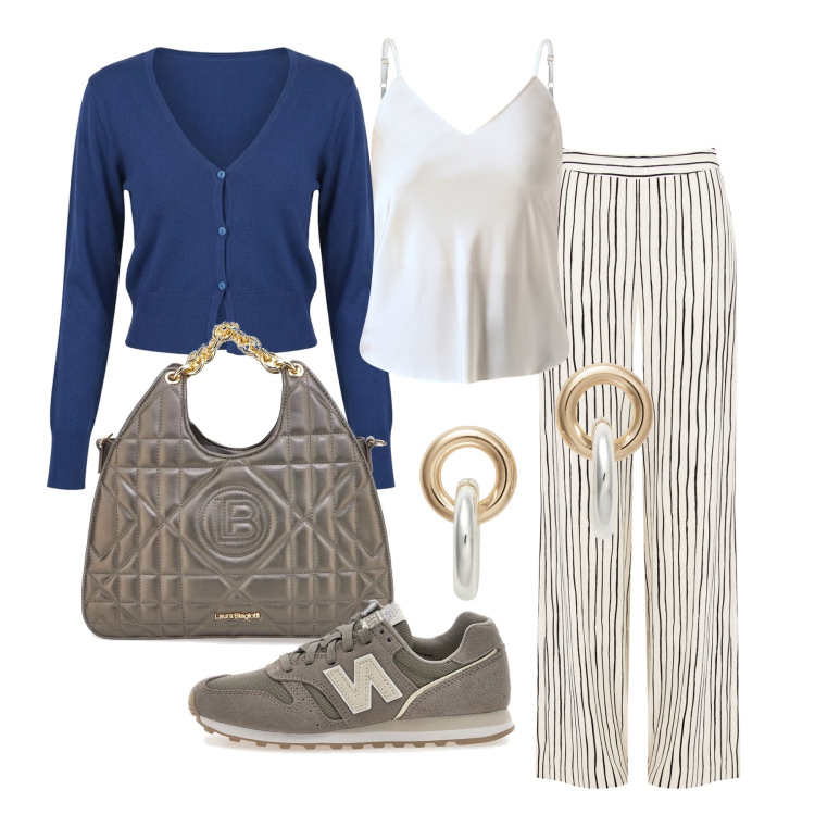 Outfit donna - Aprile. Stile Casual chic per Tutti i giorni. Abbinamento con top, cardigans, pantaloni a palazzo, orecchini, sneakers, borse a mano.