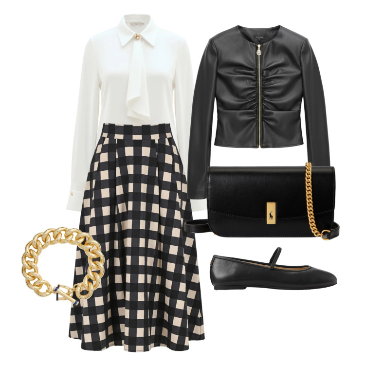 Outfit donna - Aprile. Stile Chic per Tutti i giorni. Abbinamento con camicie, giacche, gonne longuette, ballerine, clutch, braccialetti.