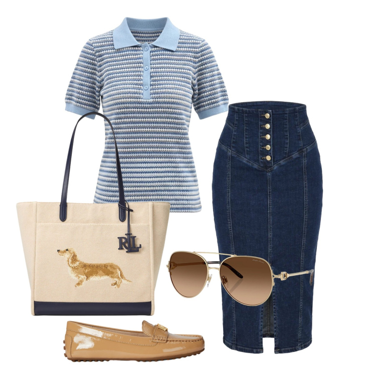 Outfit donna - Aprile. Stile Casual chic per Tutti i giorni. Abbinamento con polo, gonne longuette, occhiali da sole, mocassini, borse tote.