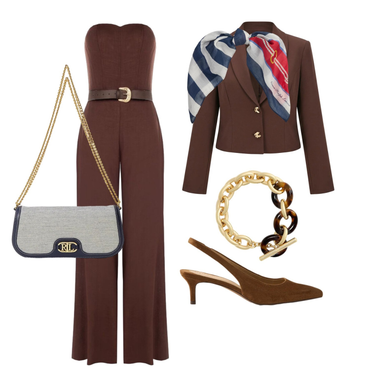 Outfit donna - Aprile. Stile Chic per Cerimonia. Abbinamento con blazer, tute, braccialetti, foulard, borse a spalla, décolleté.