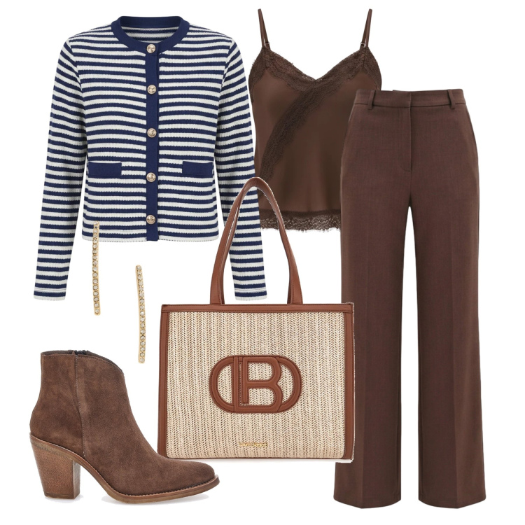 Outfit donna - Aprile. Stile Casual chic per Tutti i giorni. Abbinamento con cardigans, canottiere, pantaloni, orecchini, borse a spalla, stivaletti.
