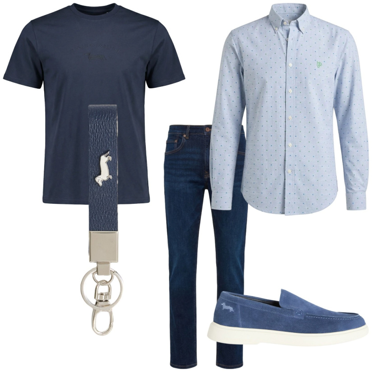 Outfit uomo - Paris. Stile Trendy per Tutti i giorni. Abbinamento con t-shirt, portachiavi, jeans, scarpe stringate, camicie.