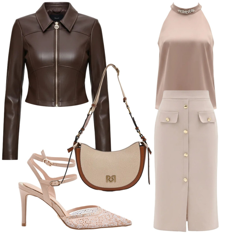 Outfit donna - Eleganza leggera. Stile Chic per Serata fuori. Abbinamento con borse a tracolla, décolleté, gonne longuette, giacche, top.