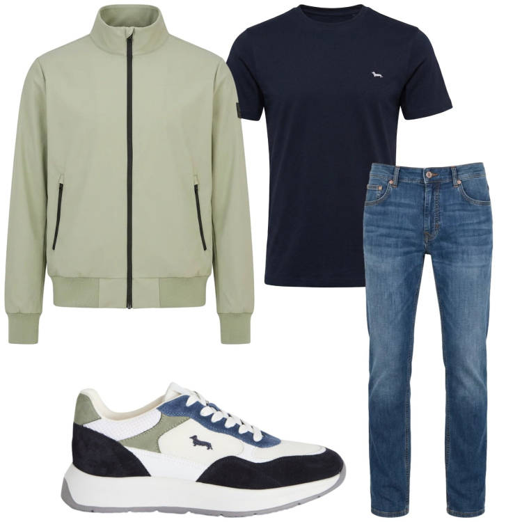 Outfit uomo - Primavera 2026. Stile Casual per Tutti i giorni. Abbinamento con t-shirt, sneakers, jeans, bomber.