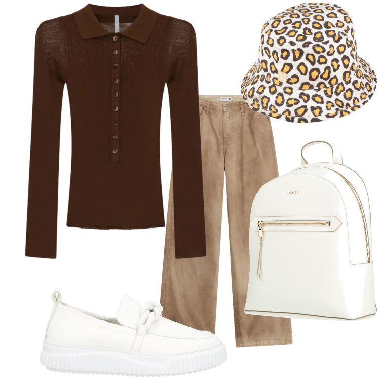 Outfit donna - Buona giornata. Stile Trendy per Tutti i giorni. Abbinamento con mocassini, cappelli, zaini, pantaloni a palazzo, maglieria.