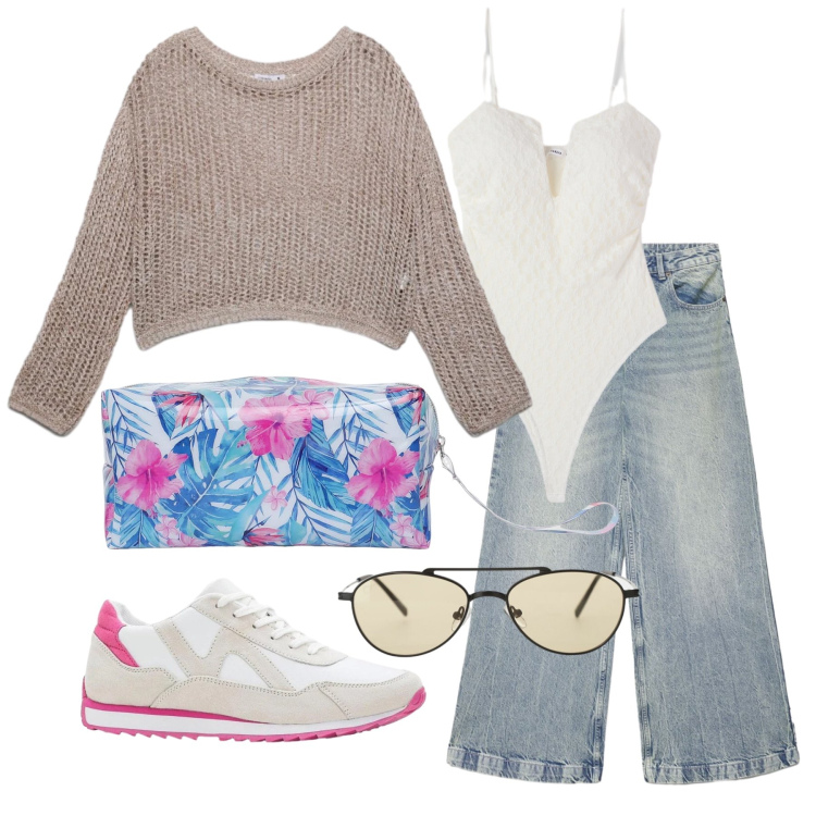 Outfit donna - Aprile. Stile Casual per Tutti i giorni. Abbinamento con sneakers, jeans, body, maglieria, valigie, occhiali da sole.