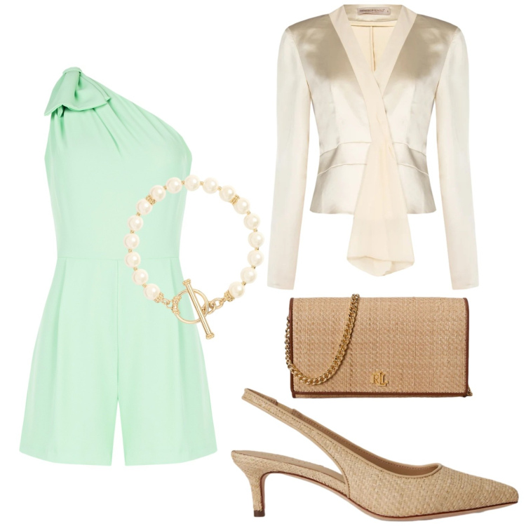 Outfit donna - Rinascimento Spring Elegance. Stile Chic per Cerimonia. Abbinamento con tuta corta, blazer, borse a tracolla, décolleté, braccialetti.