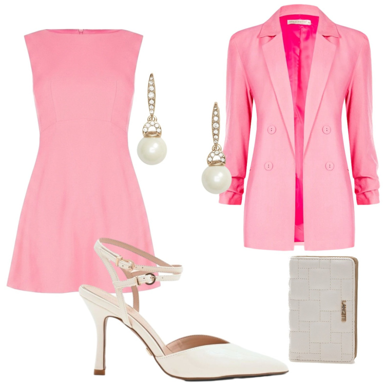 Outfit donna - Rinascimento Spring Elegance. Stile Glamour per Cerimonia. Abbinamento con vestiti corti, blazer, décolleté, orecchini, portafogli.