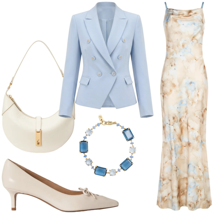 Outfit donna - Rinascimento Spring Elegance. Stile Glamour per Cerimonia. Abbinamento con vestiti lunghi, blazer, décolleté, borse a spalla, braccialetti.