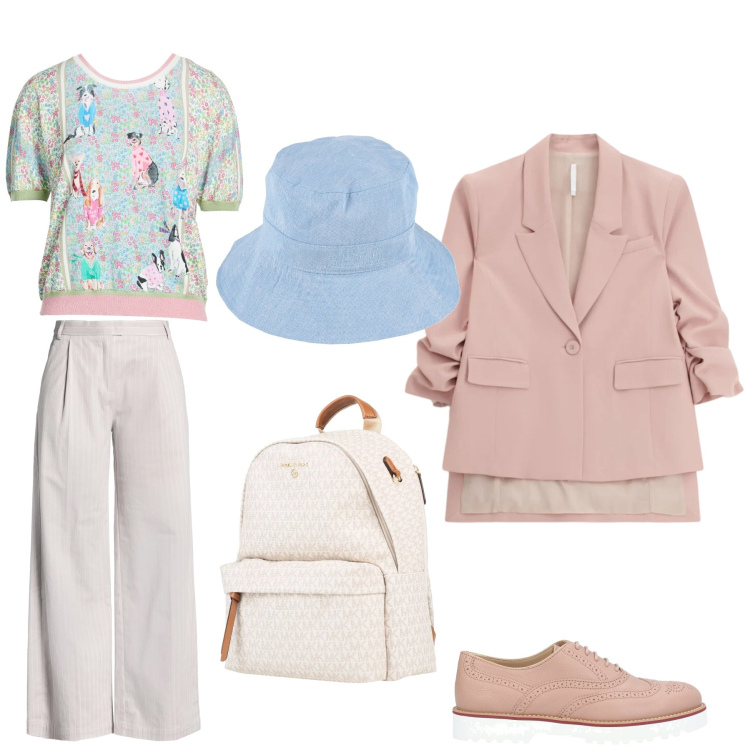 Outfit donna - Colori pastello. Stile Trendy per Tutti i giorni. Abbinamento con scarpe stringate, zaini, pantaloni, cappelli, pullovers, blazer.