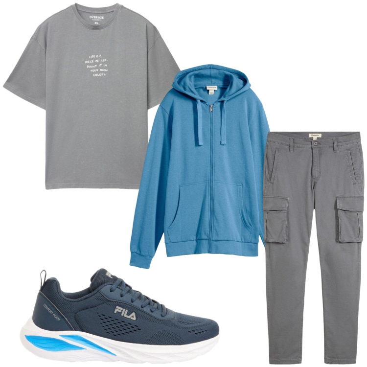 Outfit uomo - Tempo libero. Stile Casual per Tutti i giorni. Abbinamento con pantaloni cargo, felpe con cappuccio, sneakers, t-shirt.