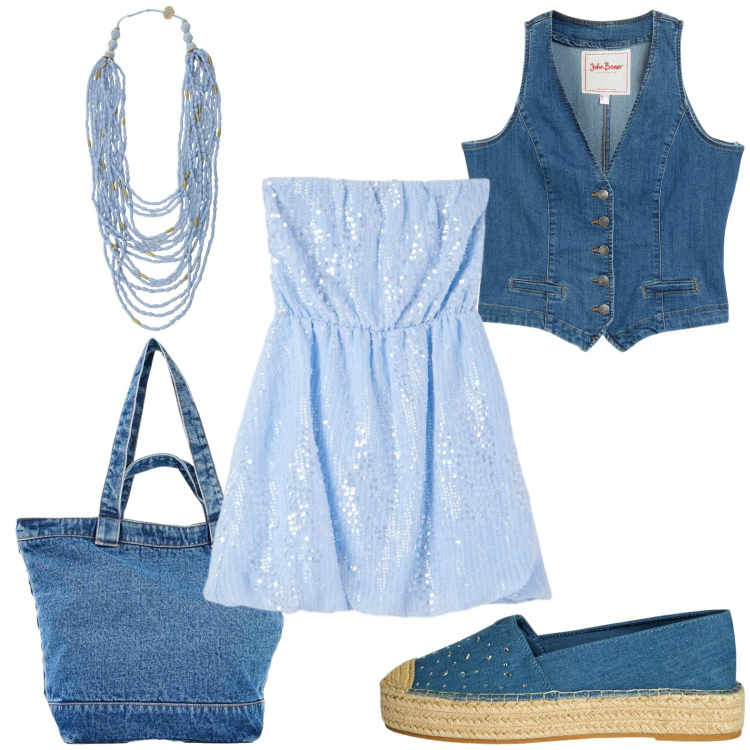 Outfit donna - Un abito per aprile. Stile Minimal per Tutti i giorni. Abbinamento con gilet, shopping bag, vestiti corti, espadrillas, collane.