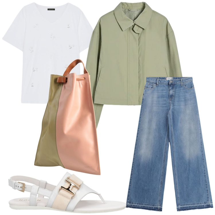 Outfit donna - Outfit di primavera. Stile Glamour per Tutti i giorni. Abbinamento con zaini, infradito, t-shirt, jeans, bomber.