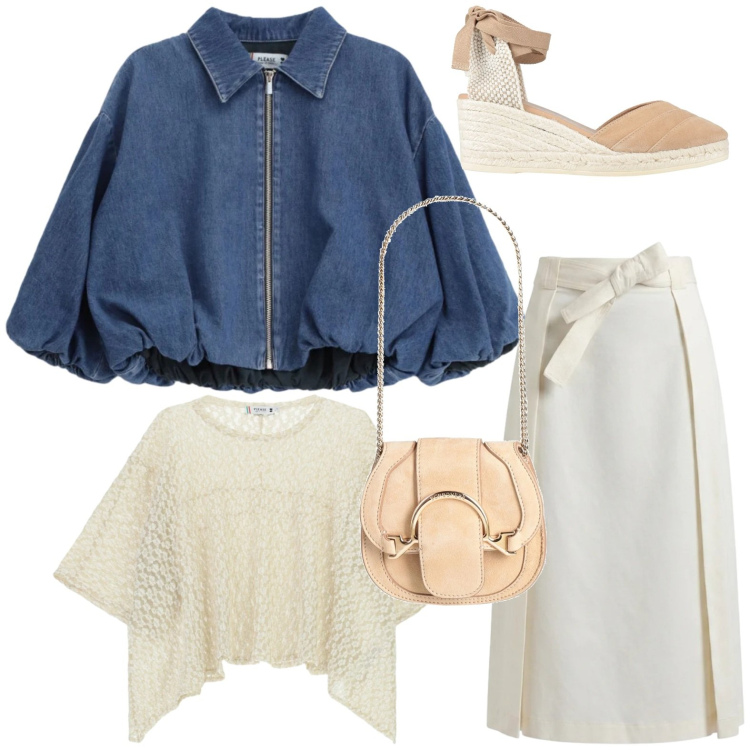 Outfit donna - Bomber denim. Stile Minimal per Tutti i giorni. Abbinamento con marsupi, espadrillas, top, blazer, gonne longuette.