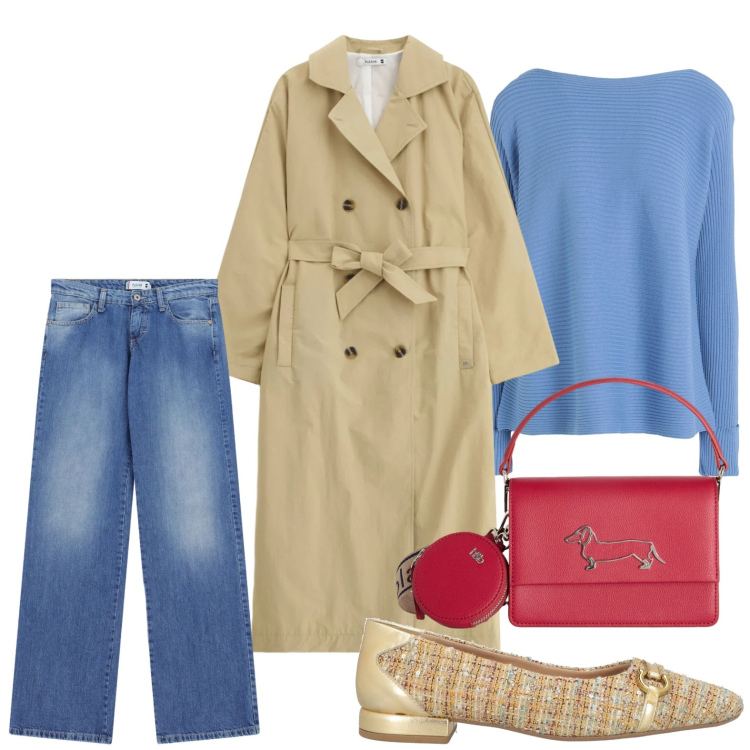Outfit donna - Trench over. Stile Casual per Ufficio. Abbinamento con ballerine, pullovers, jeans dritti, trench, borse a tracolla.