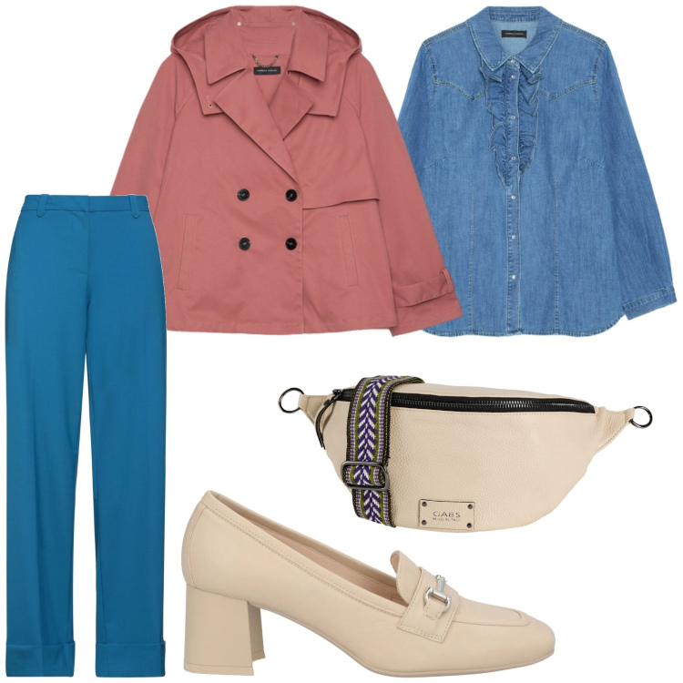 Outfit donna - Casual day. Stile Casual per Ufficio. Abbinamento con pantaloni, marsupi, mocassini, trench, camicie.