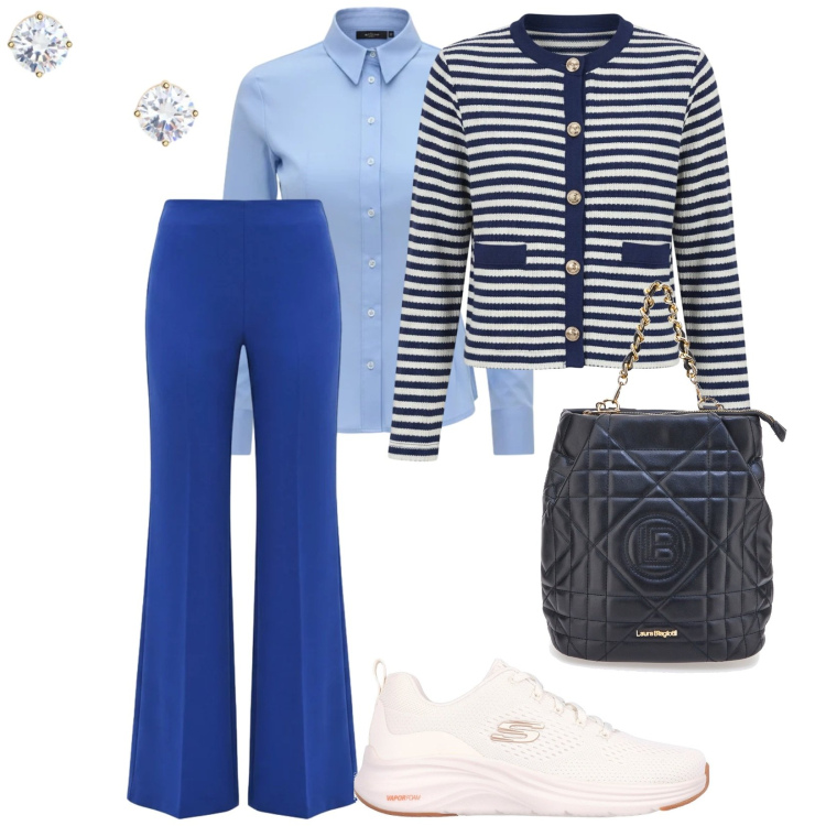 Outfit donna - Eleganza rinascimento. per Tutti i giorni. Abbinamento con camicie, cardigans, pantaloni a palazzo, orecchini, sneakers, zaini.
