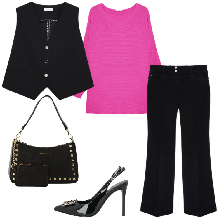 Outfit donna - Total look #2386933. Stile Chic per Serata fuori. Abbinamento con décolleté, t-shirt, jeans, gilet, borse a spalla.