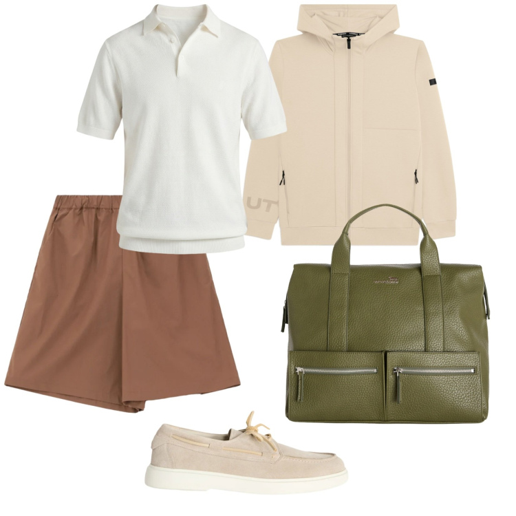 Outfit uomo - Prime vacanze. per Mare. Abbinamento con bermuda, scarpe stringate, borse sportive, polo, felpe con cappuccio.