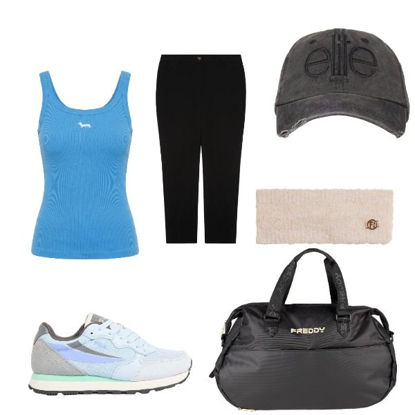 Outfit donna - tutte in palestra. Stile Sporty chic per Sport. Abbinamento con sneakers, pantaloni, canottiere, fasce per capelli, borse sportive, cappelli.