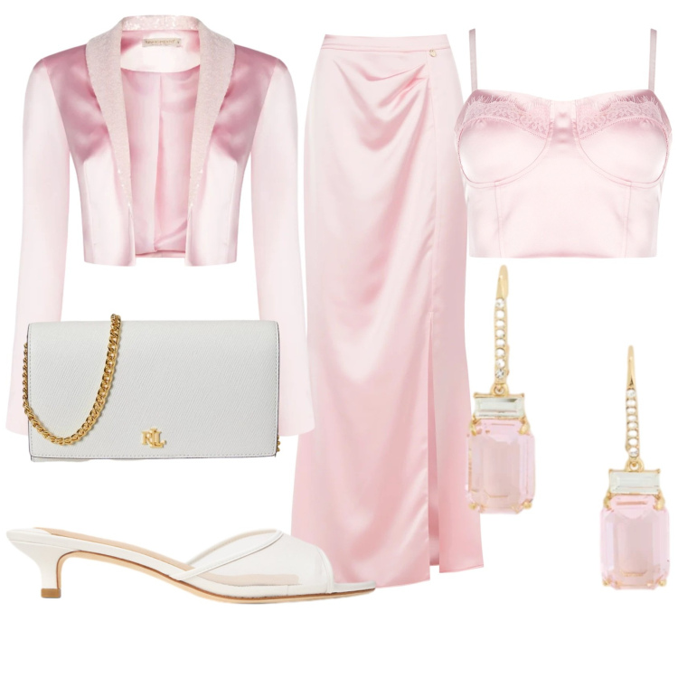 Outfit donna - Cerimonia in rosa. Stile Chic per Cerimonia. Abbinamento con gonne lunghe, top, bolero, orecchini, sabot, borse a tracolla.