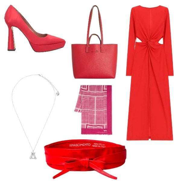Outfit donna - invito a una festa. Stile Casual chic per Cerimonia. Abbinamento con décolleté, vestiti lunghi, cinture, shopping bag, sciarpe, ciondoli.