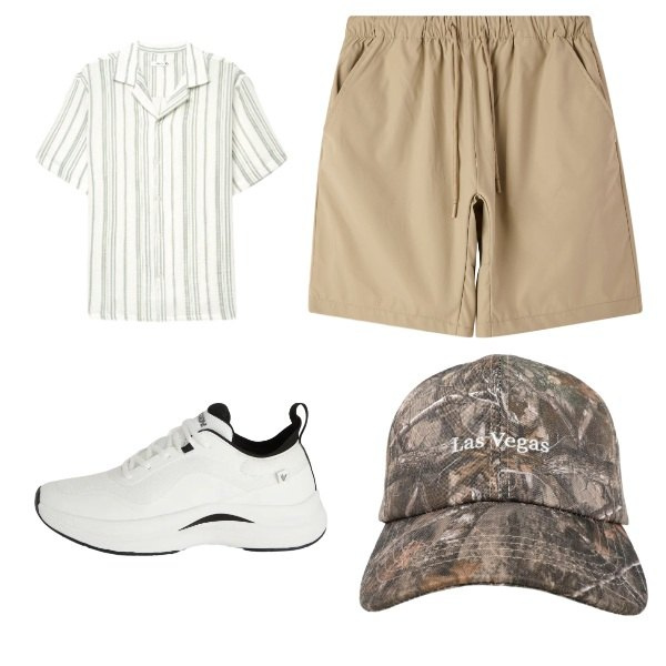 Outfit uomo - look sportivo per lui. Stile Casual per Sport. Abbinamento con shorts, cappelli con visiera, camicie a manica corta, sneakers.