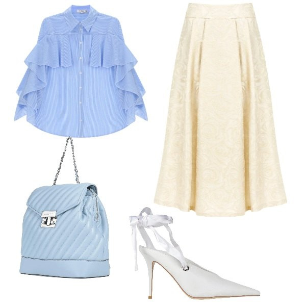 Outfit donna - cena con gli amici. Stile Casual chic per Serata fuori. Abbinamento con zaini, décolleté, camicie, gonne longuette.