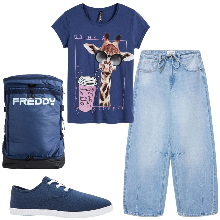 Outfit donna - Total look #2386955. Stile Casual per Scuola/Università. Abbinamento con t-shirt, sneakers, jeans, zaini.