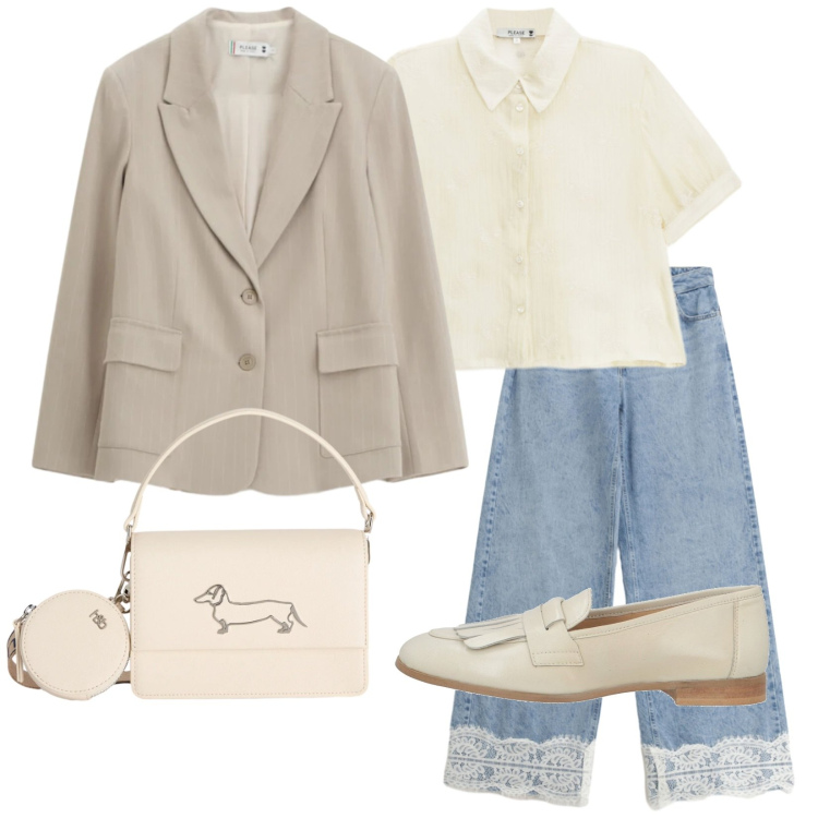 Outfit donna - Casual chic di primavera. Stile Casual chic per Tutti i giorni. Abbinamento con mocassini, jeans, blazer, camicie a manica corta, borse a tracolla.