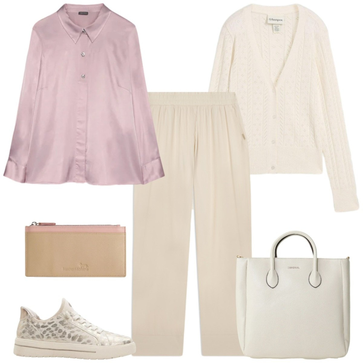 Outfit donna - Eleganza leggera - Focus Donna Curvy. Stile Casual chic per Tutti i giorni. Abbinamento con sneakers, cardigans, borse a tracolla, camicie, portafogli, pantaloni.