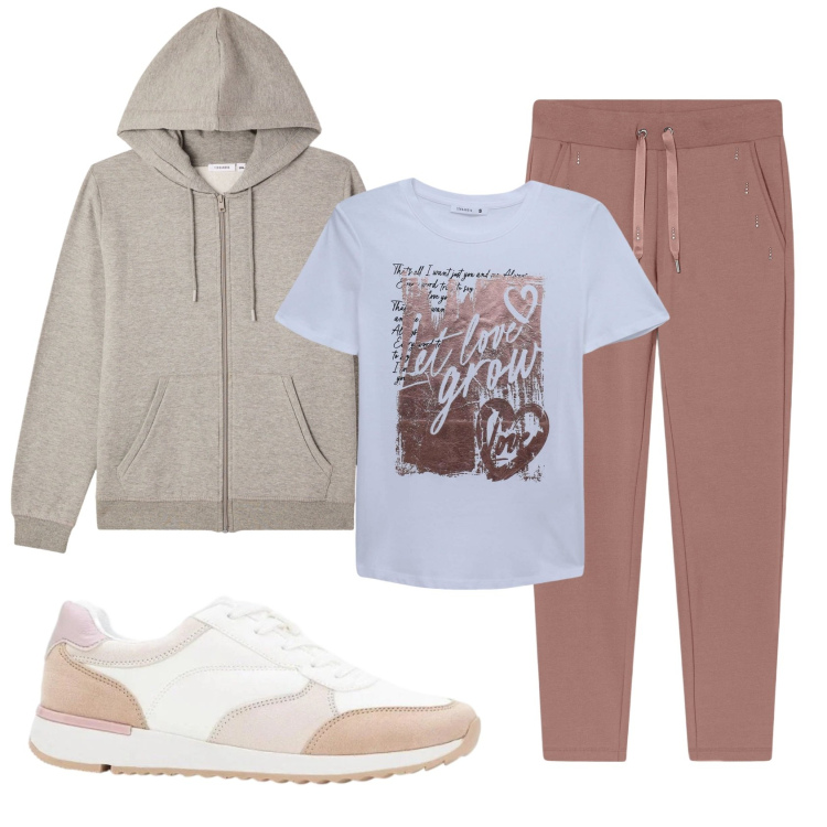 Outfit donna - Total look #2386984. Stile Casual per Sport. Abbinamento con sneakers, felpe con cappuccio, t-shirt, pantaloni sportivi.